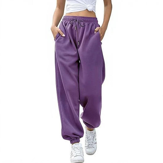 Damen nan Cozy-Sweat-Palazzohose mit hohem Komfortbund, integriertem Kordelzug und gerafften Knöchelabschlüssen EB