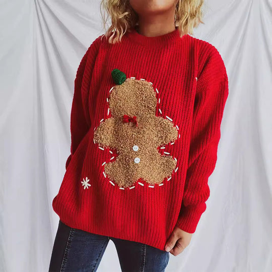 Damen festlicher Pullover mit weihnachtlichem Keksdesign EB