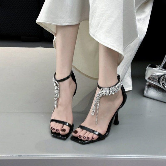 Damen Elegante High Heel Sandalen mit funkelnder Strassverzierung EB