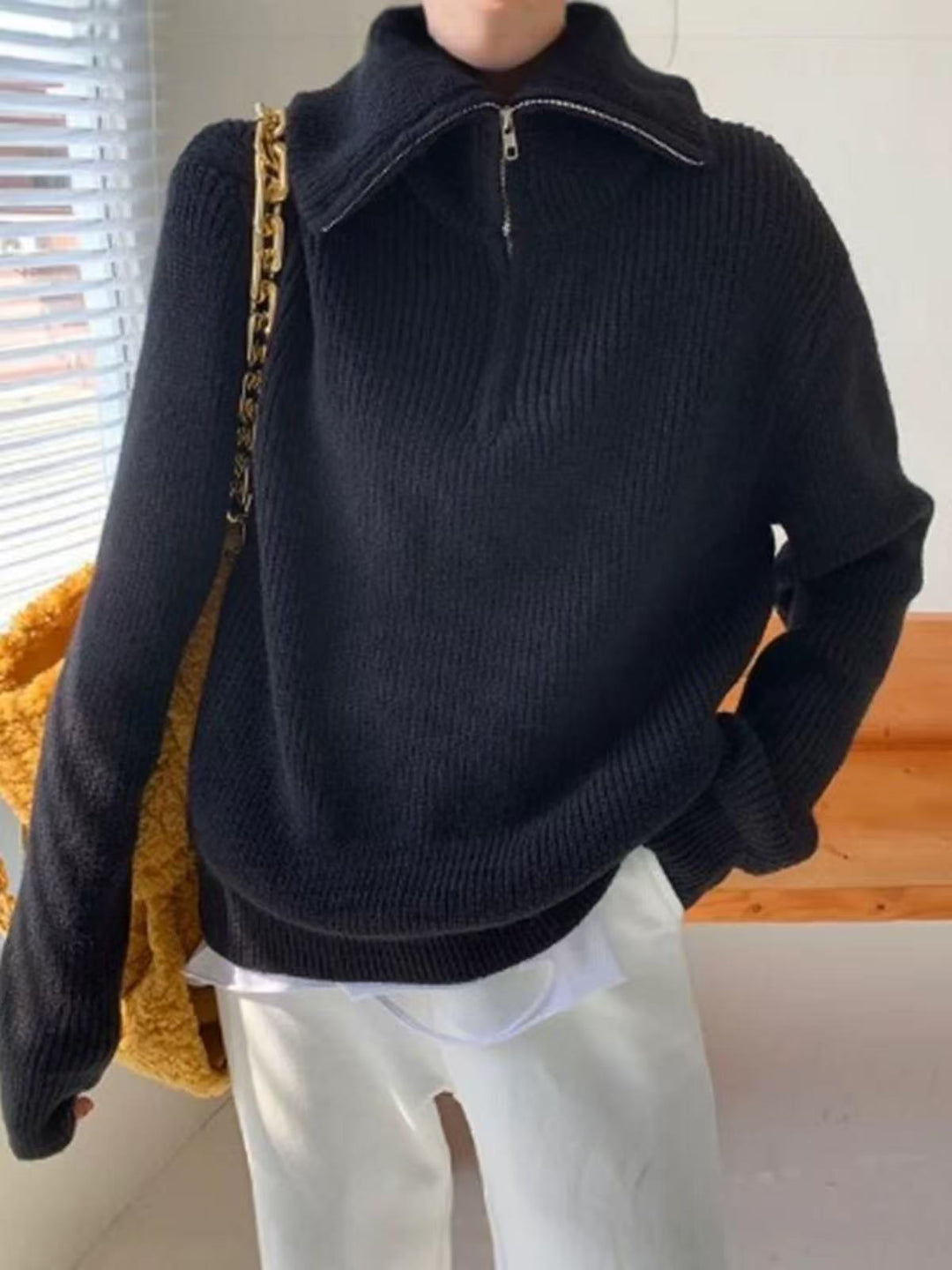 Damen Leichter Strickpullover mit hohem Kragen und Reißverschluss EB