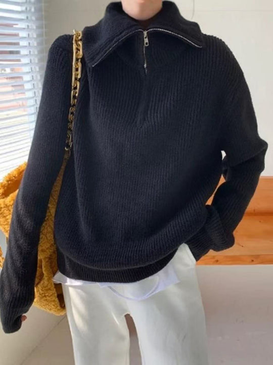 Damen Leichter Strickpullover mit hohem Kragen und Reißverschluss EB