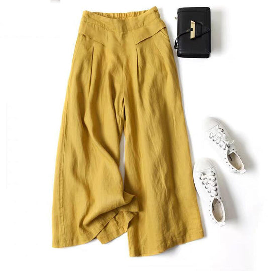 Damen Weit geschnittene Leinenhose mit hohem Bund und eleganten Falten EB