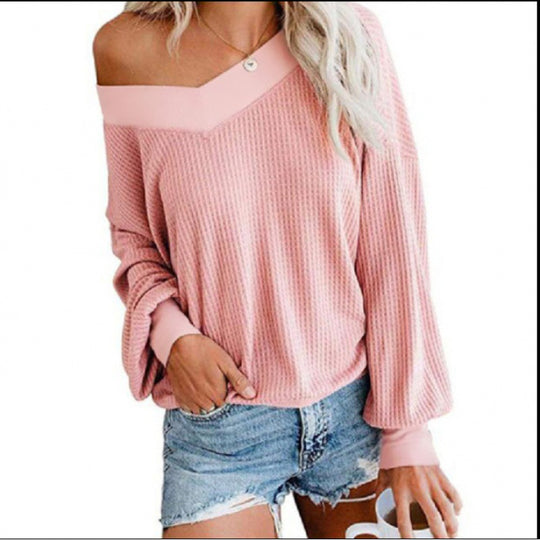 Damen Lockerer Waffelstrick-Pullover mit weitem Off-Shoulder-Ausschnitt und Oversize-Schnitt EB