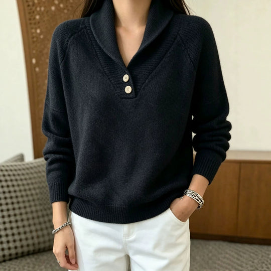 Damen Weicher Schalkragen‑Pullover mit halber Knopfleiste und Raglanärmeln EB