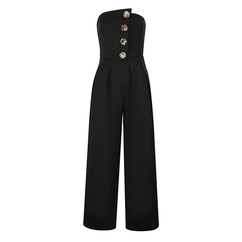 Damen Elegantes Jumpsuit mit asymmetrischem Ausschnitt und dekorativen Knöpfen EB