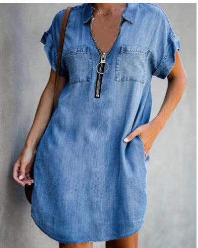 Damen Freizeit Denim-Kleid mit praktischen Taschen und Reißverschluss EB