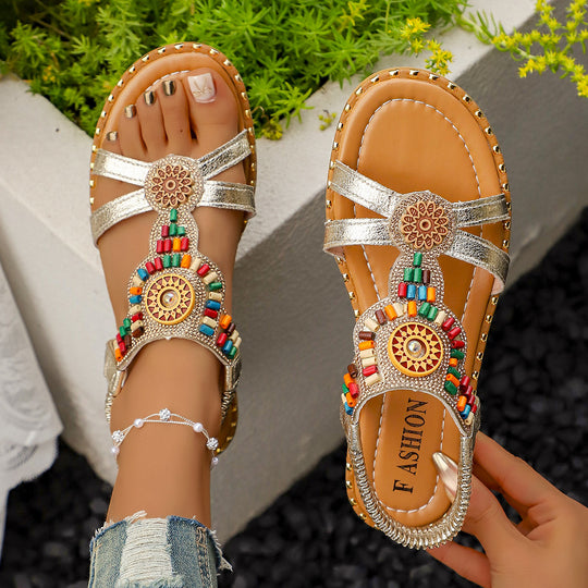 Damen Boho-Inspired Sandalen mit kunstvollen Verzierungen EB