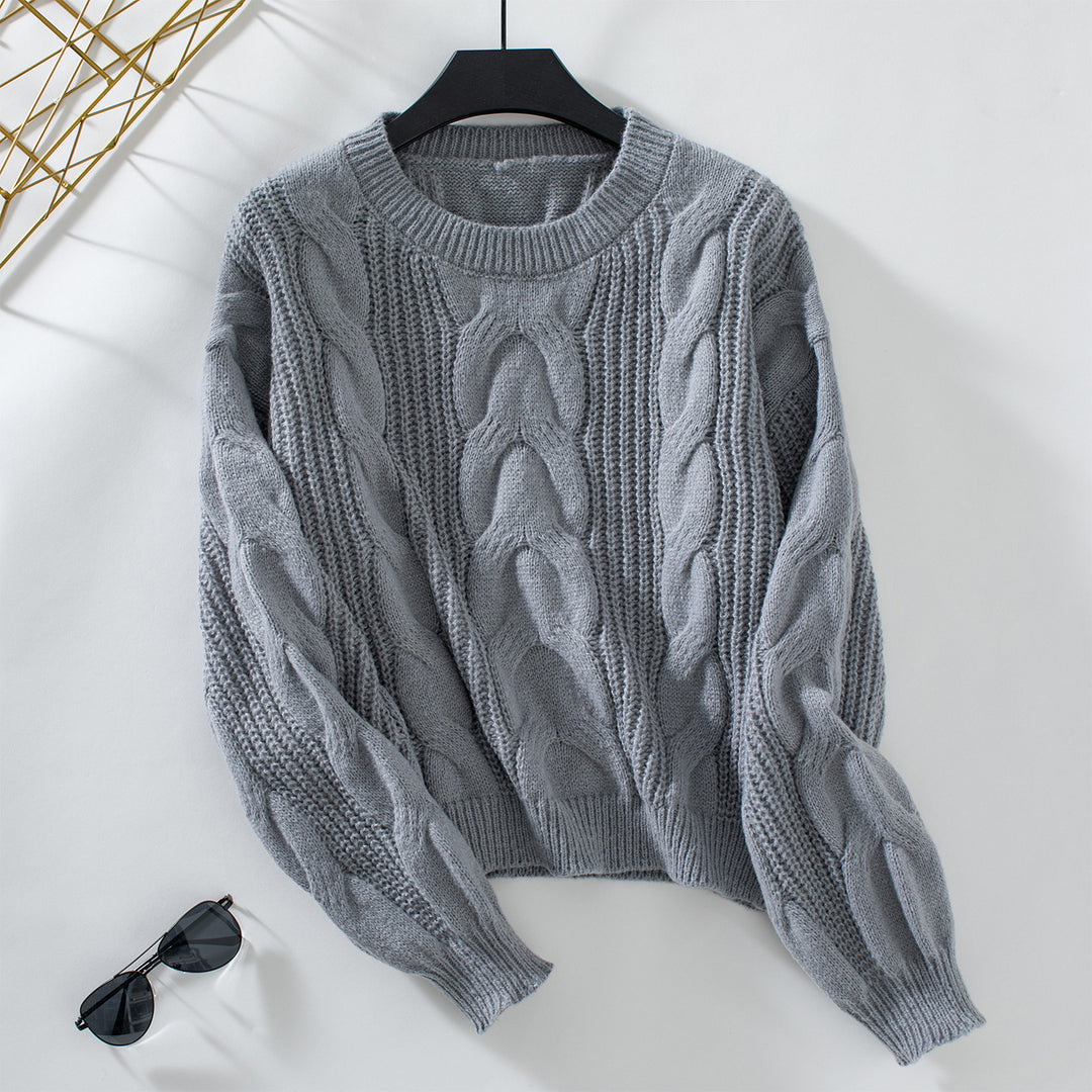 Damen grob gestrickter Pullover mit voluminösen Ärmeln und Zopfmuster EB