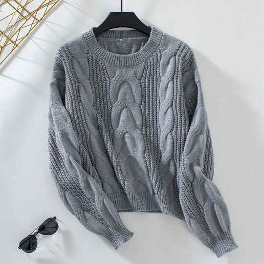 Damen grob gestrickter Pullover mit voluminösen Ärmeln und Zopfmuster EB