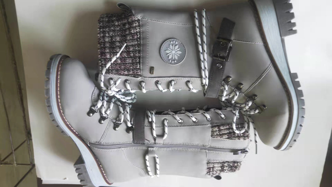 Damen nan gefütterte Schnürstiefel mit gestricktem Schaftbund, dekorativem Schnallenriemen und profilierter Gummisohle EB