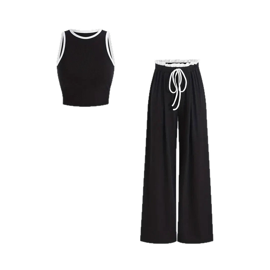 Damen stylishes Sport-Set mit hoch taillierter Weitbein-Hose und sportlichem Bustier EB