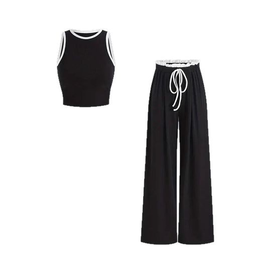 Damen stylishes Sport-Set mit hoch taillierter Weitbein-Hose und sportlichem Bustier EB