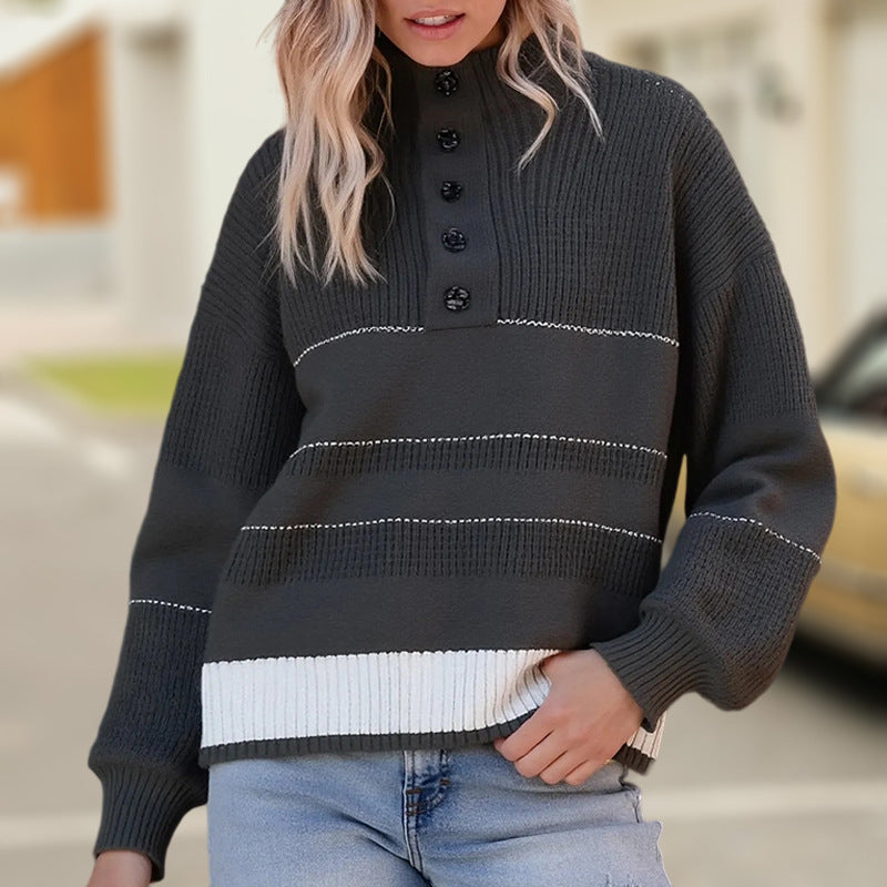 Damen modischer Strickpullover mit strukturiertem Kragen und Knopfdetails EB