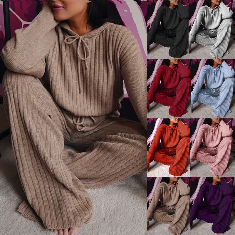 Damen Geripptes Strick-Loungewear-Set mit Kapuzenpullover und weiter Kordelzughose EB