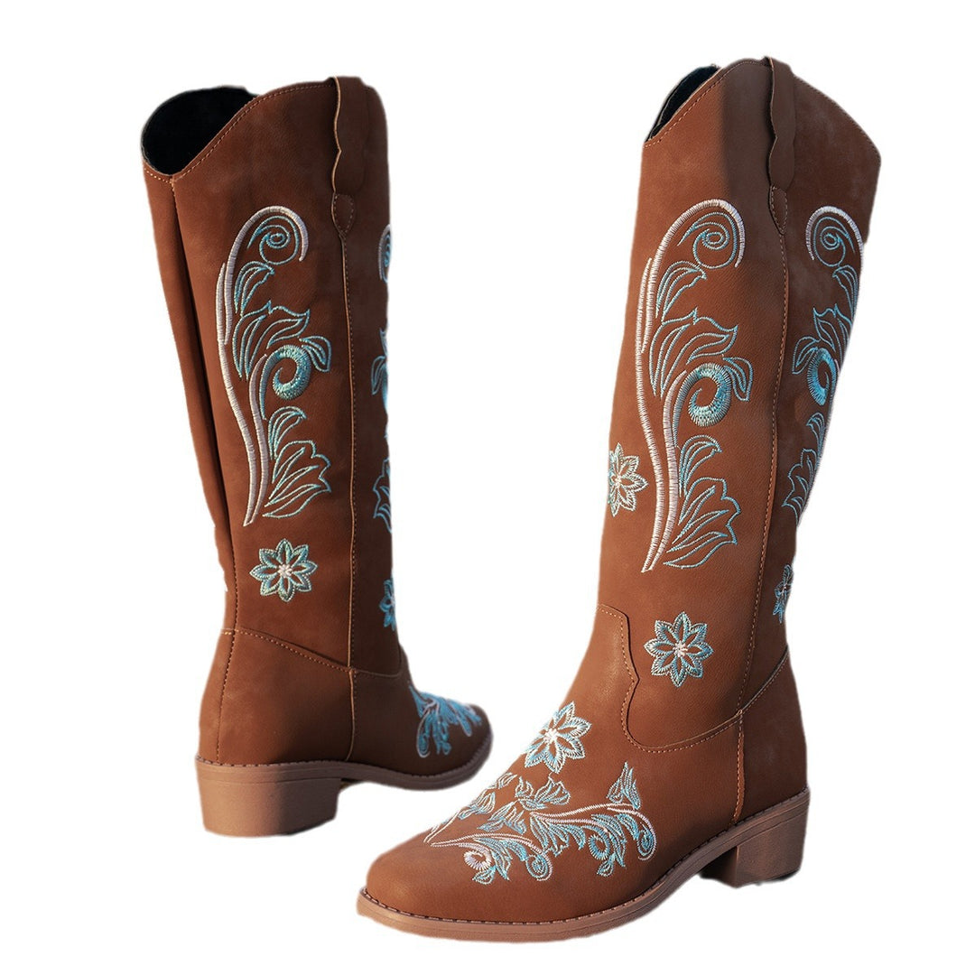 Damen Cowboy-Stiefel mit handgefertigten floralen Details und bequemem Blockabsatz EB