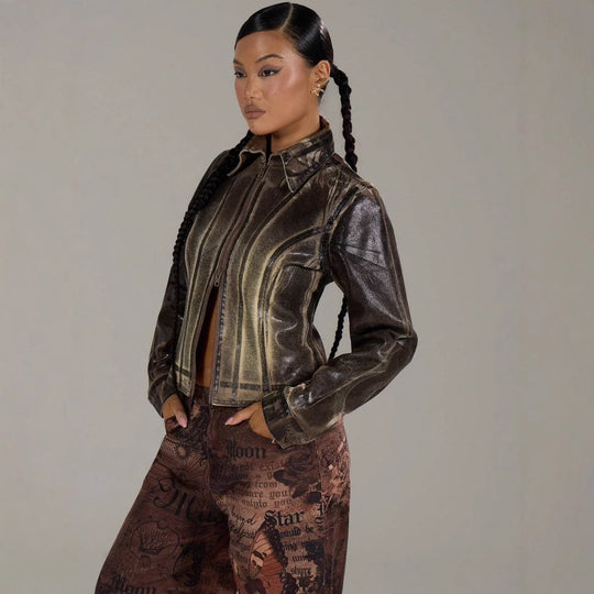 Damen modische Jacke mit strukturiertem Design und praktischen Reißverschluss EB