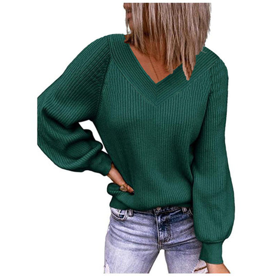 Damen Strickpullover mit V-Ausschnitt und Ballonärmeln EB