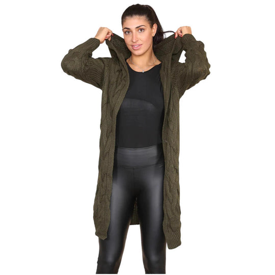 Damen Großer Strickmantel mit Kapuze und Zopfmuster EB