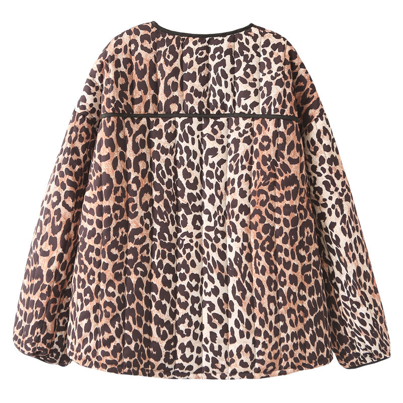 Damen gesteppte Jacke mit Leopardenmuster und praktischen Taschen EB