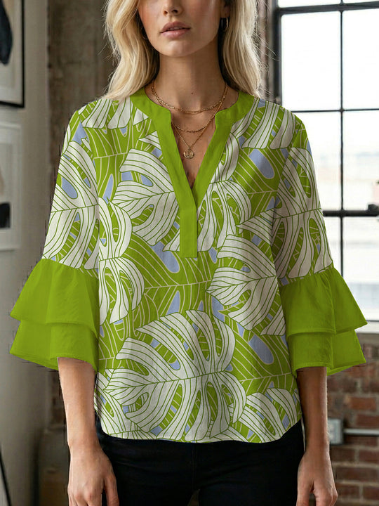 Damen Bluse mit voluminösen Rüschenärmeln und floralem Druck EB