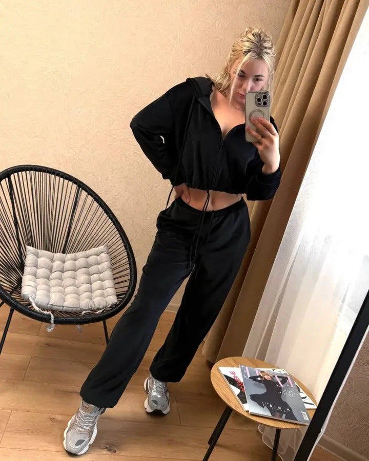 Damen Samtiges Cropped-Zip-Hoodie-Set mit Tunnelzugbund und weitem Lounge-Sweathose EB