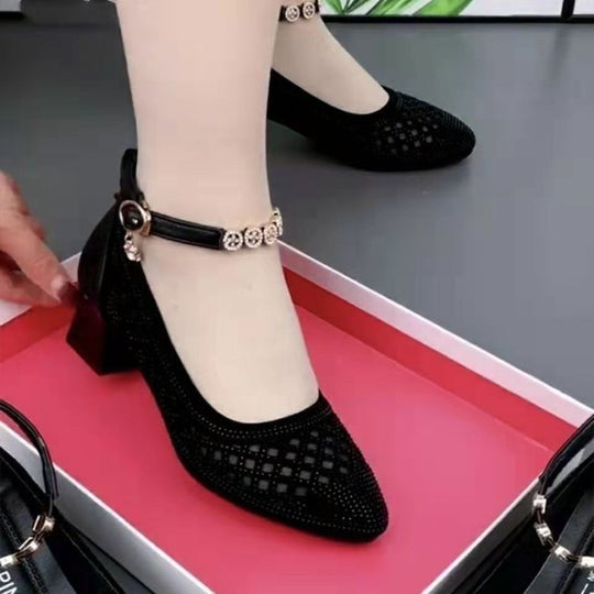 Damen elegante Ballerinas mit modischem Riemen und komfortablem Blockabsatz EB