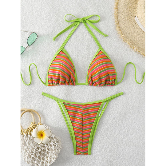 Damen Triangel-Bikini mit trendigem Streifenmuster und anpassbaren Bindebändern EB