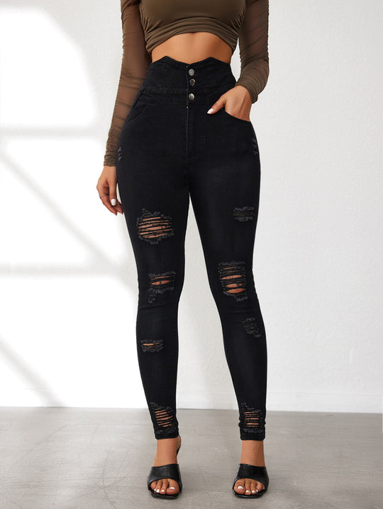 Damen Hochtaillierte Skinny Jeans mit modischen Rissen und eleganter Knopfleiste EB