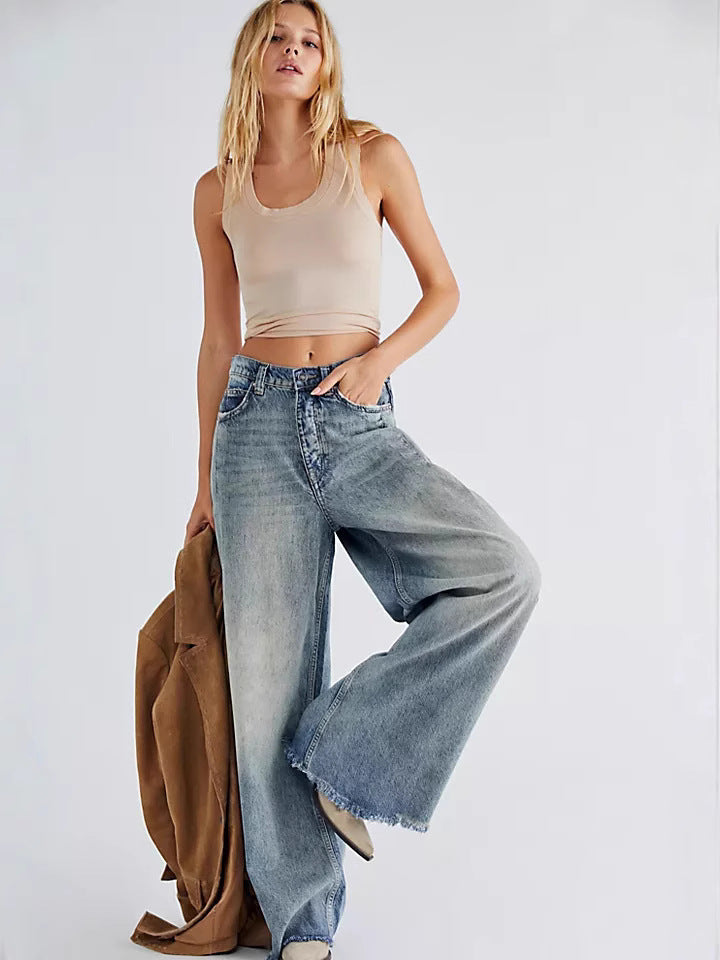 Damen Weite Denim-Hose mit fransigem Saum und hohen Schnitt EB