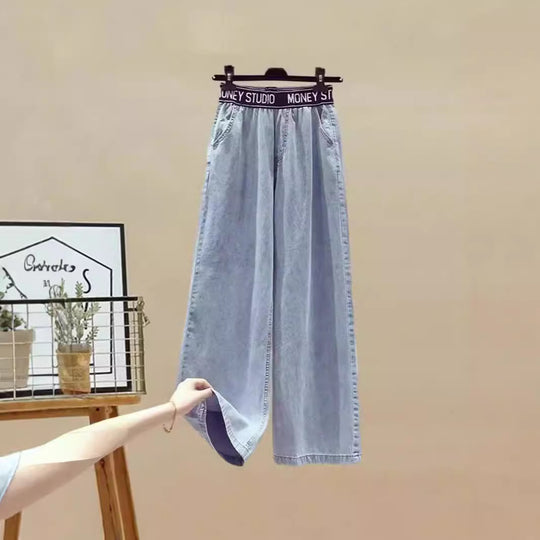 Damen Zweiteiliges Set mit lockerem, gestreiften Oberteil und weiter Jeans-Hose EB