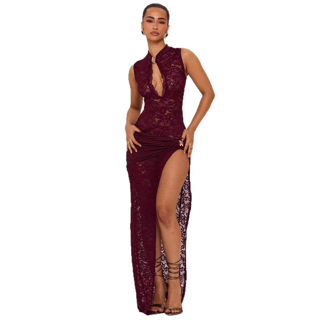 Damen Elegantes Spitzenkleid mit tiefem V-Ausschnitt und drapiertem Saum EB