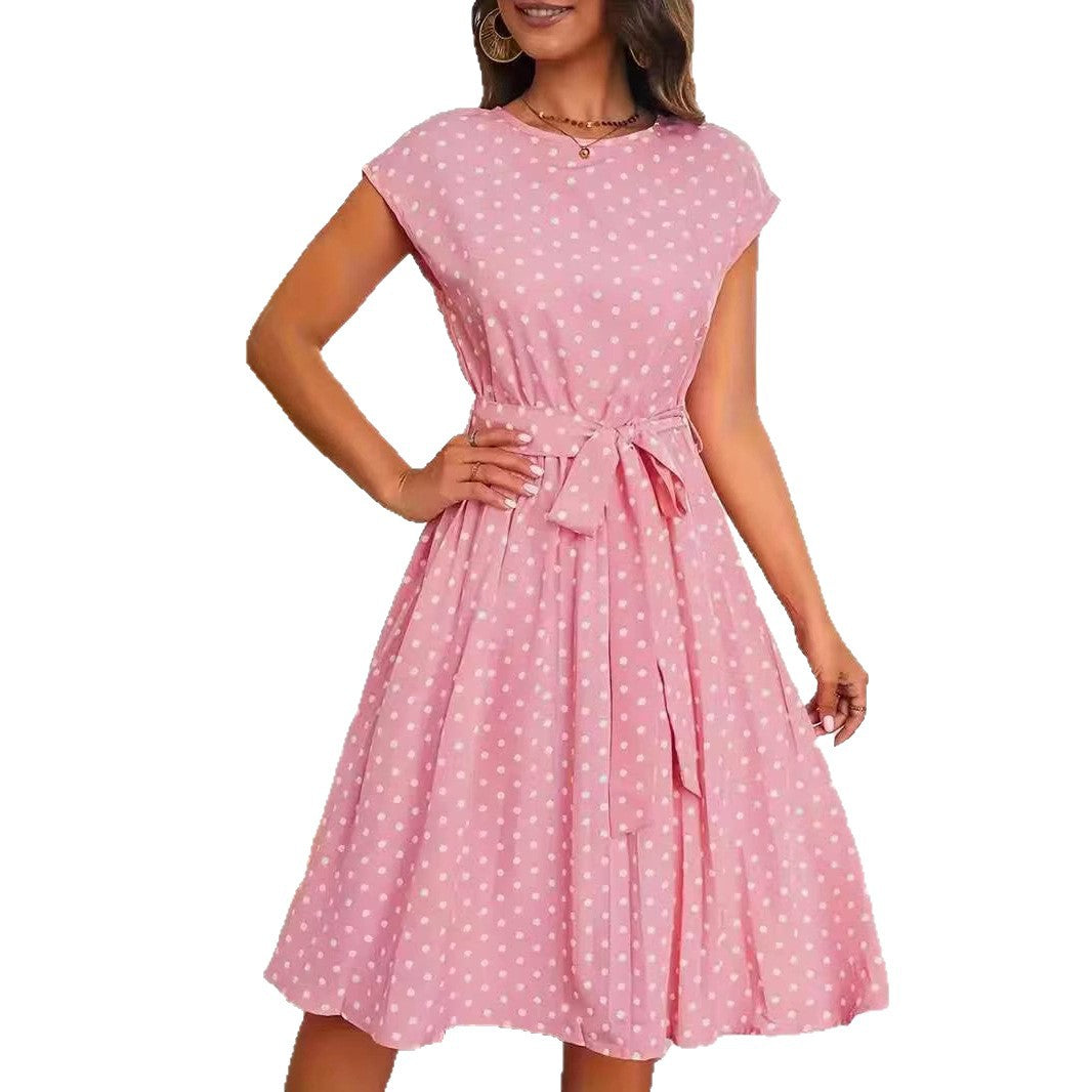 Damen Midikleid mit taillierendem Bindegürtel und verspieltem Polka-Dots Design EB