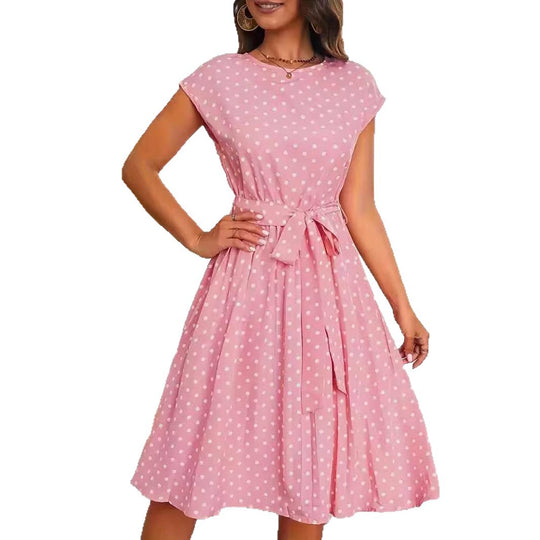 Damen Midikleid mit taillierendem Bindegürtel und verspieltem Polka-Dots Design EB