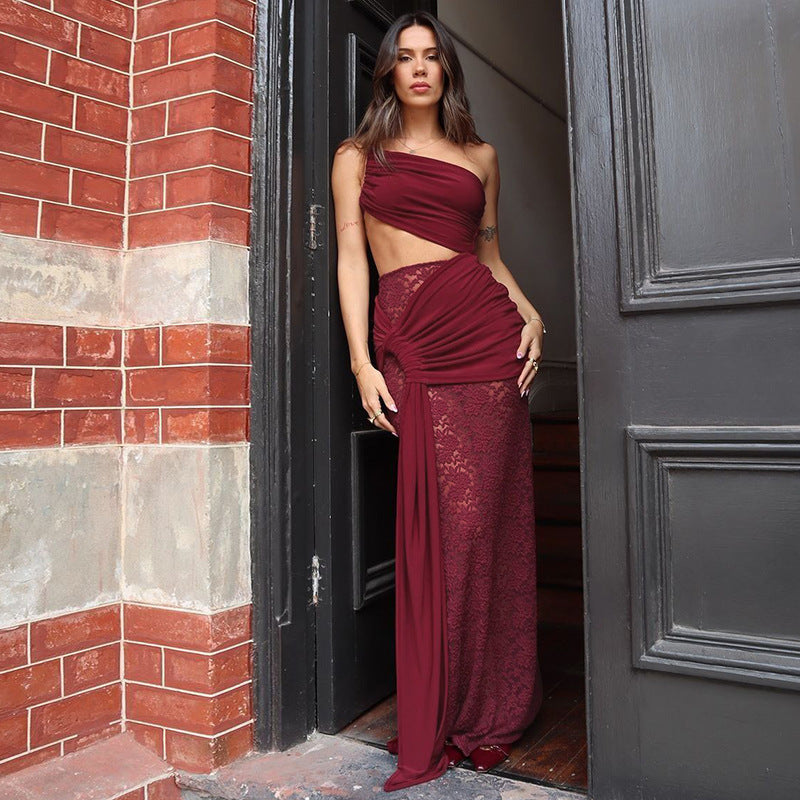 Damen Abendkleid mit asymmetrischem Schnitt und transparenter Spitzenapplikation EB