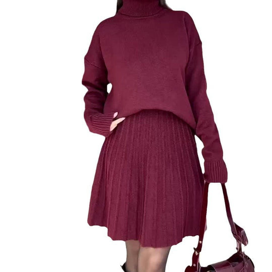 Damen Elegantes Strickensemble mit Rollkragen und fließendem Rock EB