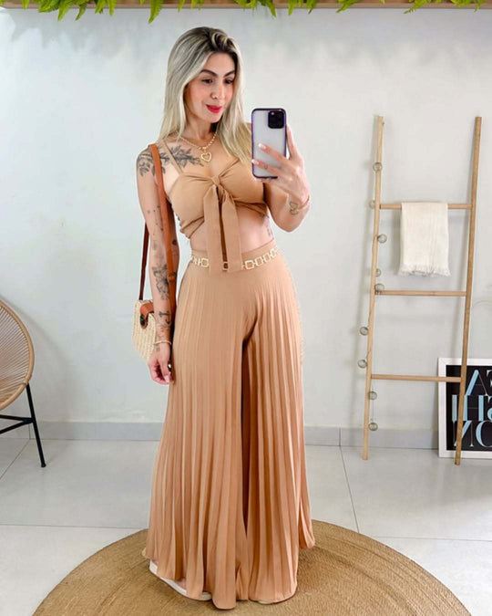 Damen Plissierte weite Hose mit Bindegürtel EB