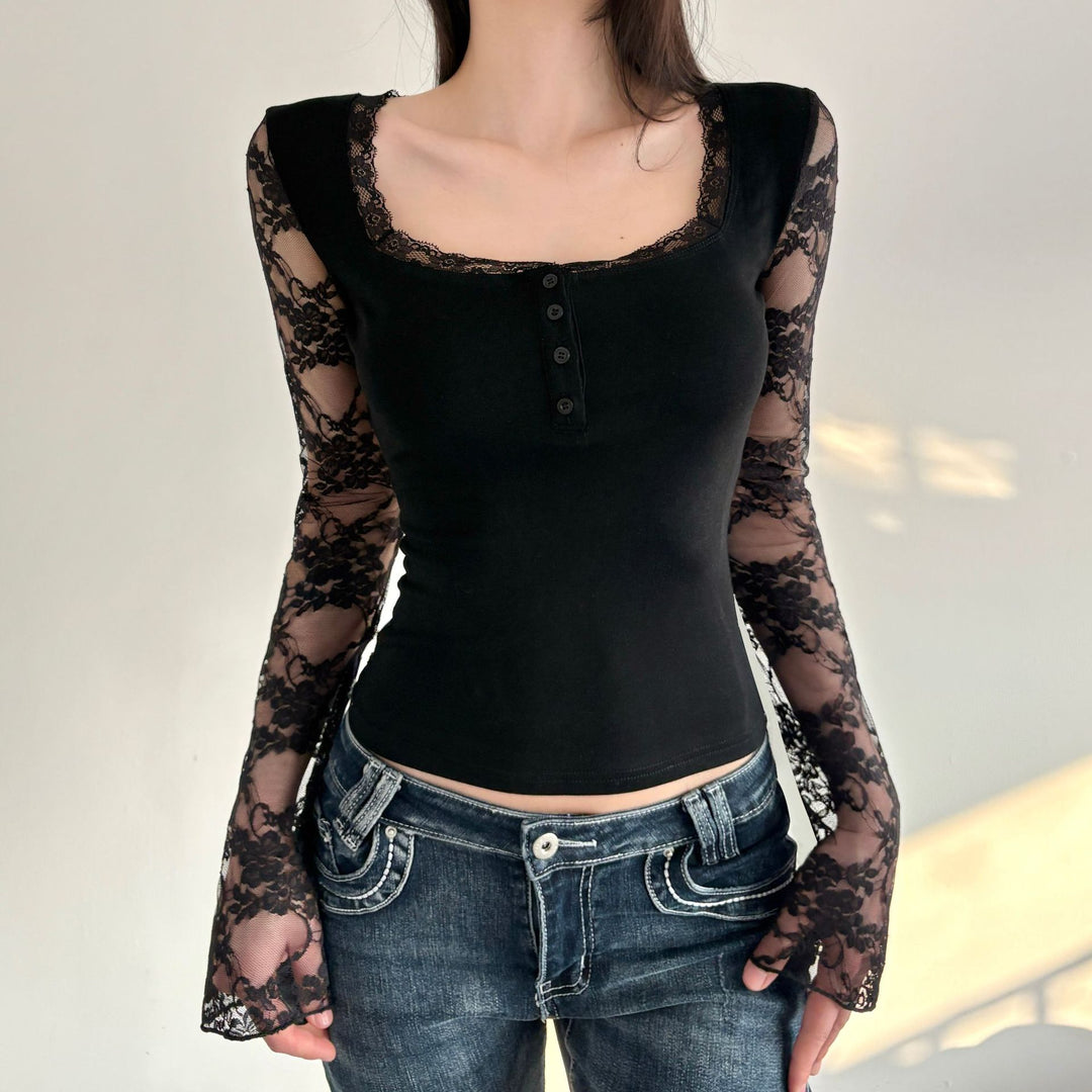 Damen Elegantes Langarmshirt mit Spitze und Knopfdetails EB