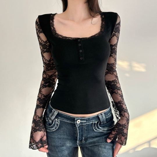Damen Elegantes Langarmshirt mit Spitze und Knopfdetails EB