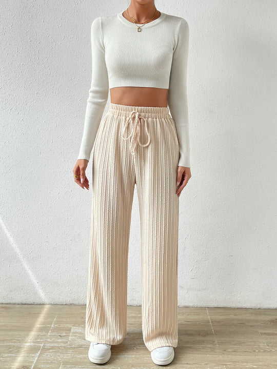 Damen Palazzo-Hose mit vertikalem Kordeldesign und elastischem Bund EB