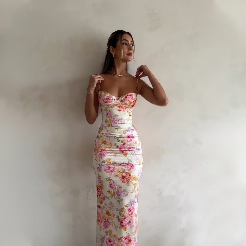 Damen bodenlanges Blumen-Minikleid mit Spaghettiträgern und Raffungen EB