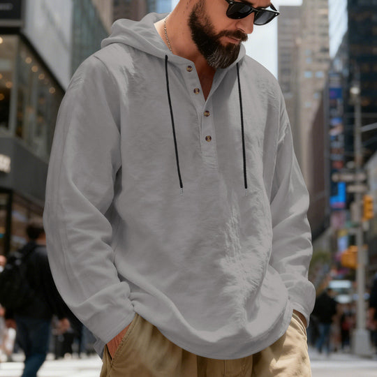 Herren nan legeres Henley-Kapuzenhemd mit Knopfleiste, Kordelzug und gerundetem Saum EB