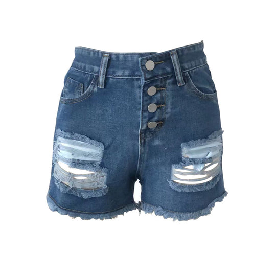 Damen lässige Destroyed Jeansshorts mit Knopfleiste und fransigem Saum EB