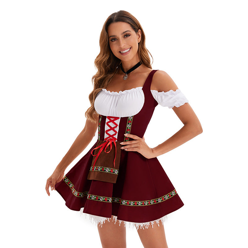 Damen nan traditionelles Oktoberfest Dirndl Minikleid mit Schnürung und abnehmbarer Schürze EB