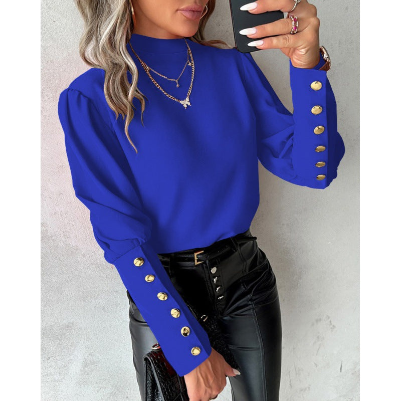 Damen elegante Bluse mit Puffärmeln und goldenen Knopfdetails EB