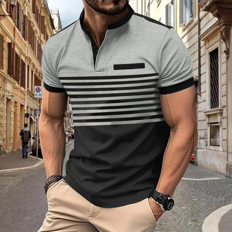 Herren nan kurzärmeliges Henley-Oberteil mit kurzer Knopfleiste, Brustpaspel und Blockstreifen EB