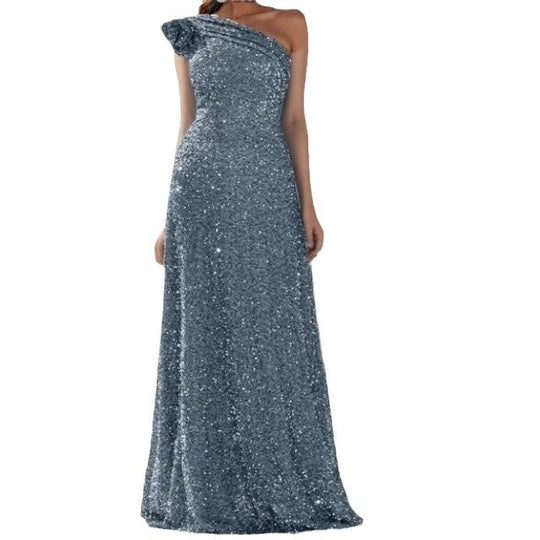 Damen Glamouröses Maxikleid mit schulterfreiem Design und funkelnden Pailletten EB