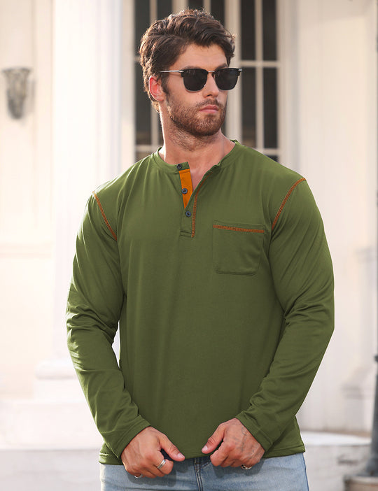 Herren nan Langarmshirt mit kurzer Knopfleiste Brusttasche und kontrastierenden Ziernähten EB