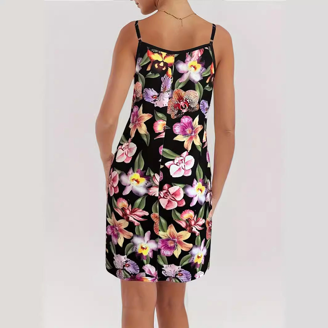Damen Spaghettiträger Kleid mit elegantem floralem Design EB