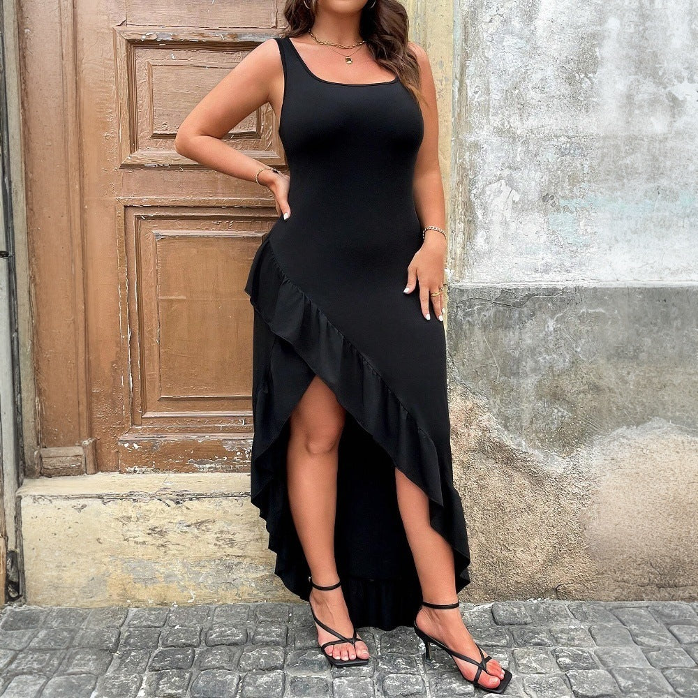 Damen elegantes Maxikleid mit asymmetrischem Saum und Rüschendetails EB