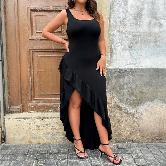 Damen elegantes Maxikleid mit asymmetrischem Saum und Rüschendetails EB